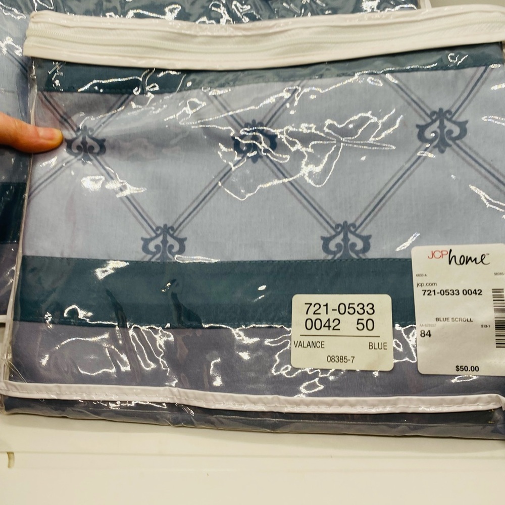 NWT JCP Home Valance Blue Scroll.
